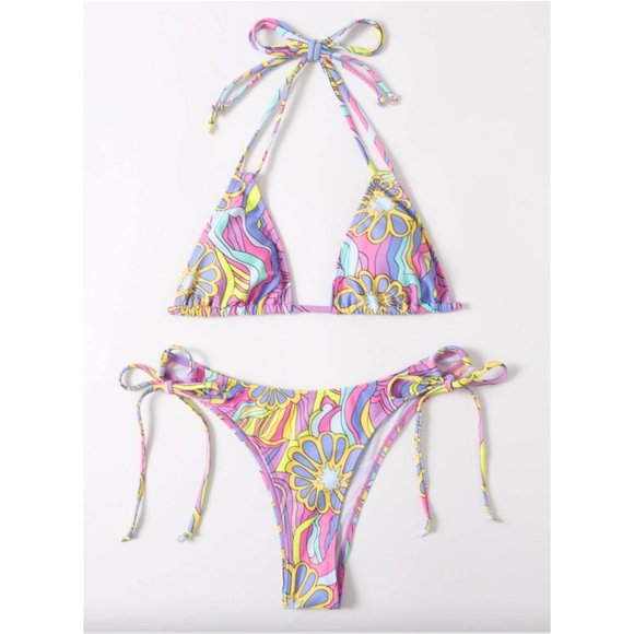 Floral Print Halter Tie Side 2pc Bikini Swimsuit Bathing Suit - Picture 4 of 8